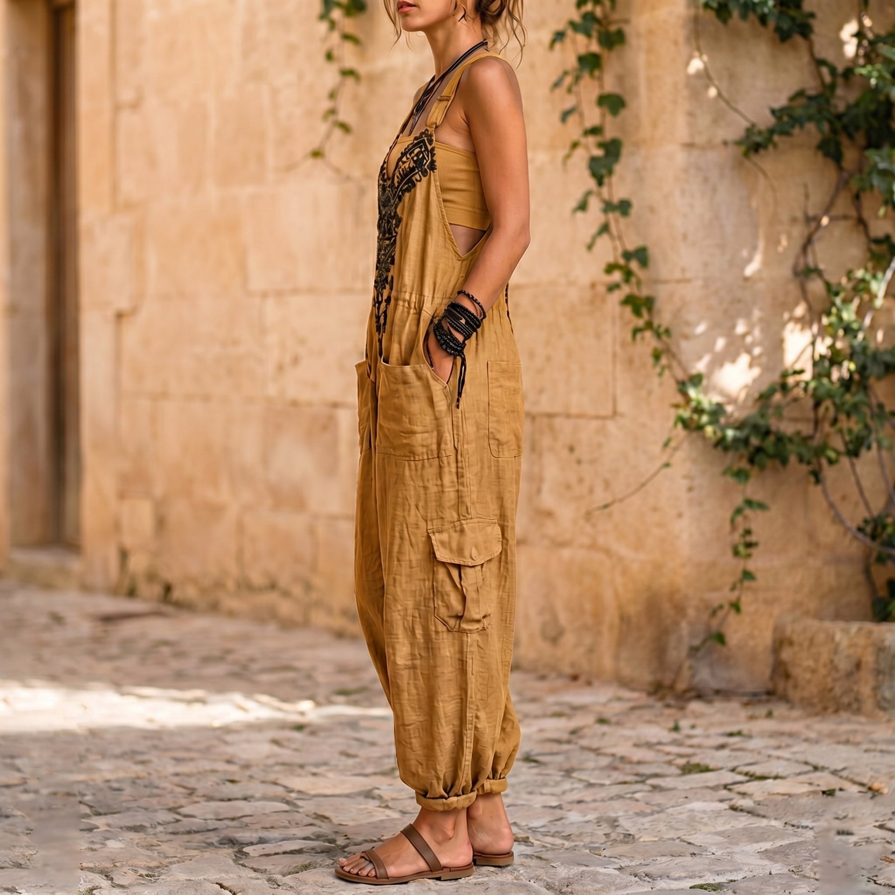 Erminilde | Embroidered V-Neck Harem Jumpsuit