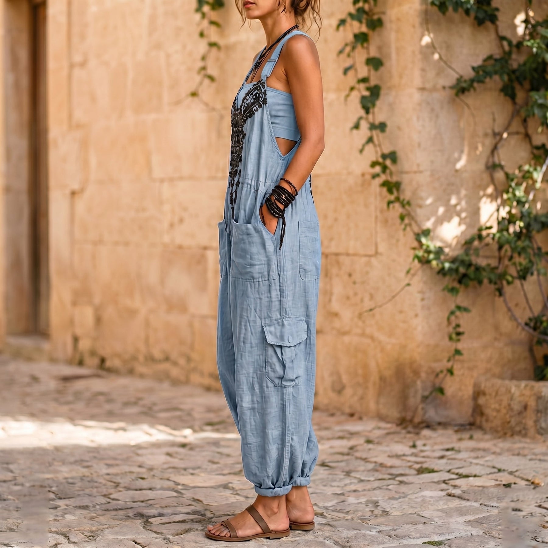 Erminilde | Embroidered V-Neck Harem Jumpsuit