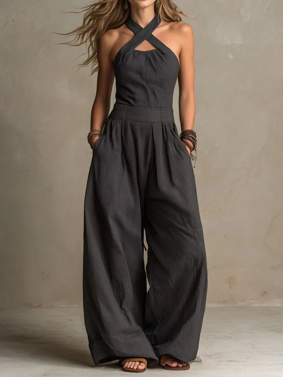 Wren | Crossover Halter Wide-Leg Jumpsuit