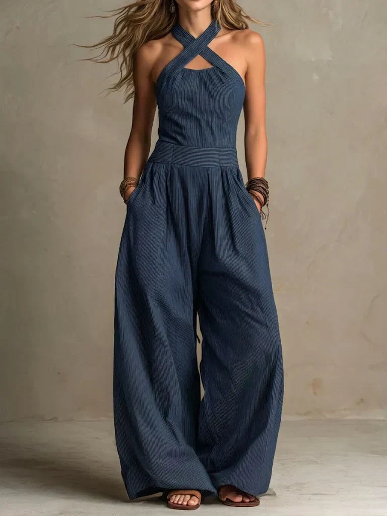 Wren | Crossover Halter Wide-Leg Jumpsuit