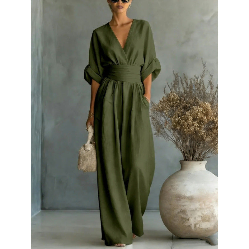 Iris | Wide-Leg V-Neck Belted Jumpsuit