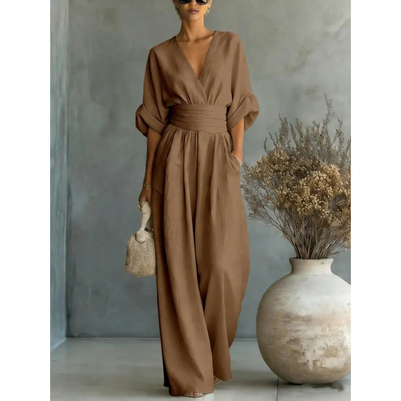 Iris | Wide-Leg V-Neck Belted Jumpsuit