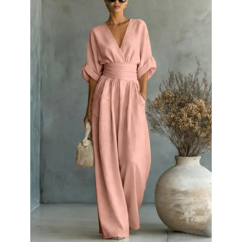 Iris | Wide-Leg V-Neck Belted Jumpsuit
