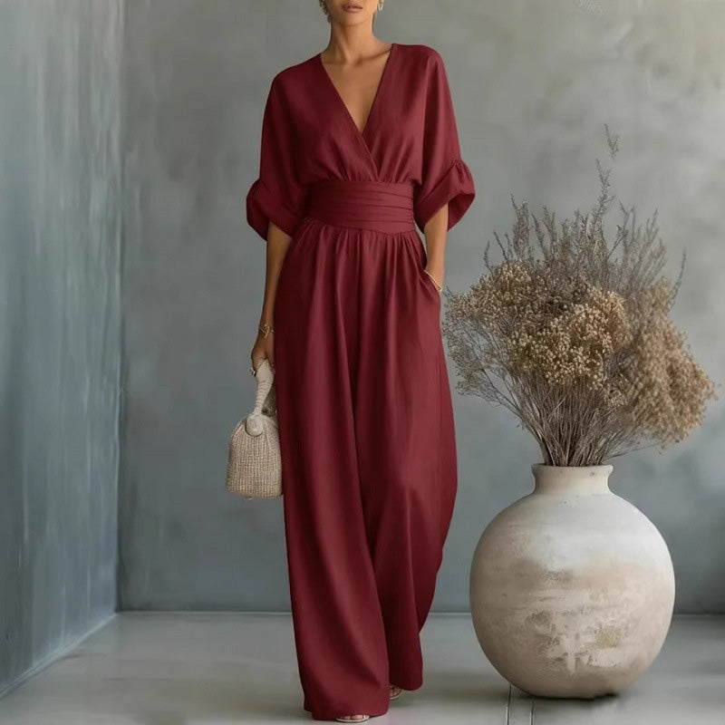 Iris | Wide-Leg V-Neck Belted Jumpsuit