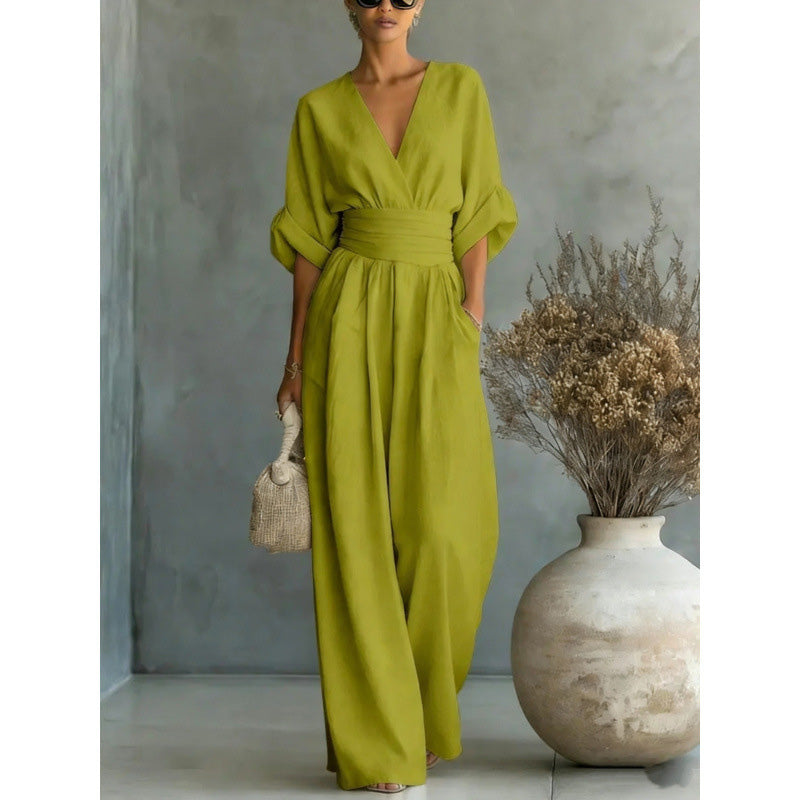 Iris | Wide-Leg V-Neck Belted Jumpsuit