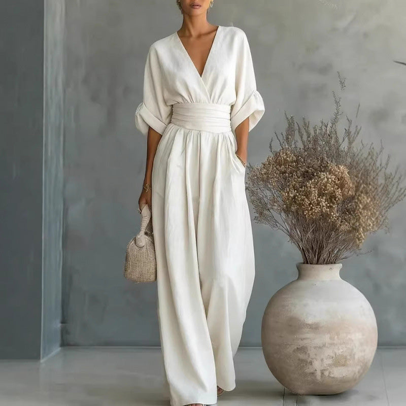 Iris | Wide-Leg V-Neck Belted Jumpsuit