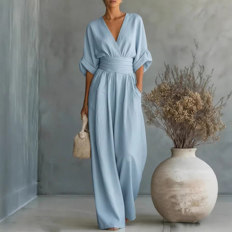 Iris | Wide-Leg V-Neck Belted Jumpsuit