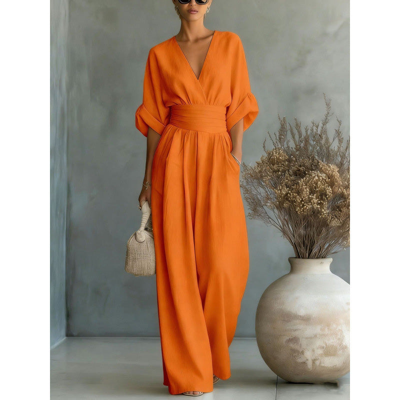 Iris | Wide-Leg V-Neck Belted Jumpsuit