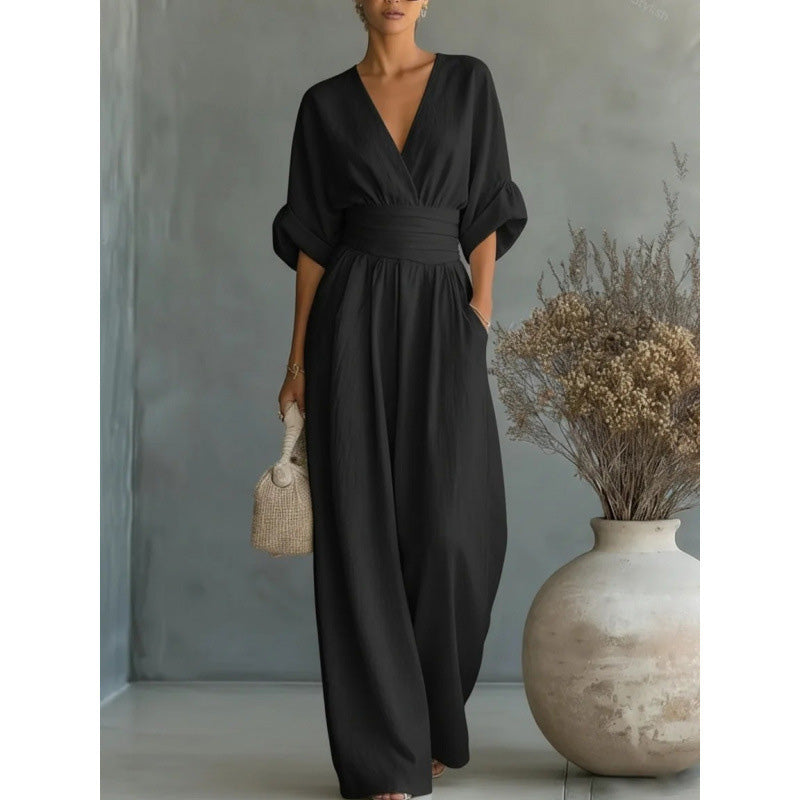 Iris | Wide-Leg V-Neck Belted Jumpsuit