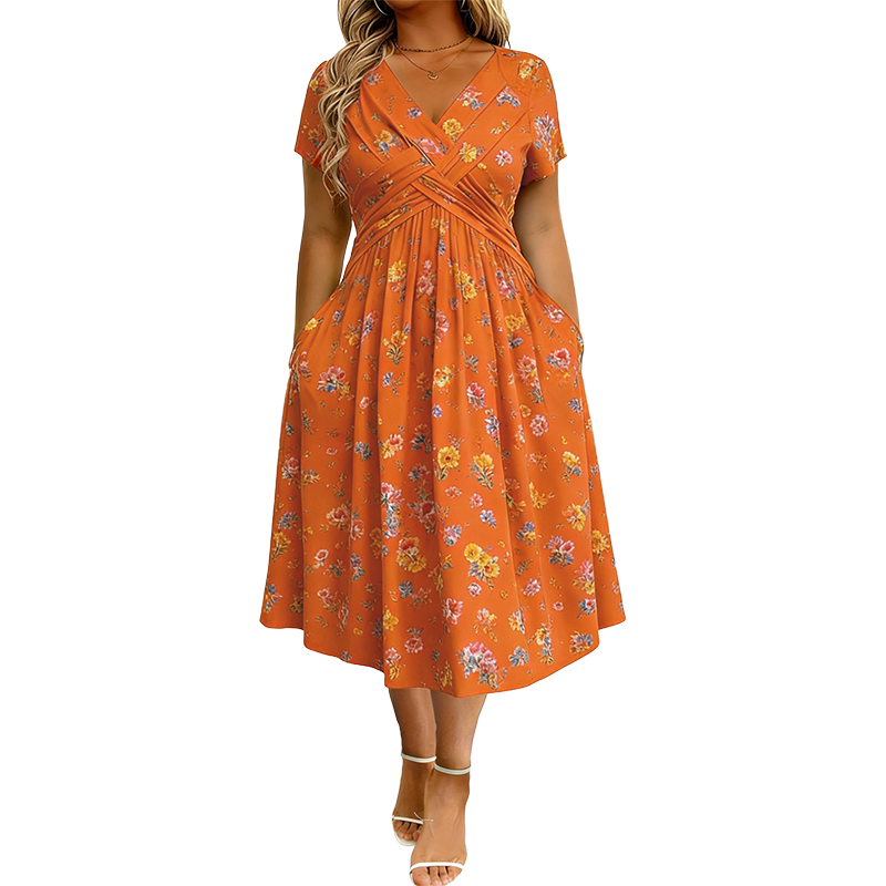 Helen | Floral V-Neck Dress with Twist Waist Detail