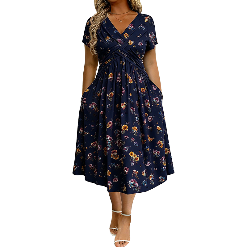 Rosie | Floral V-Neck Dress with Twist Waist Detail