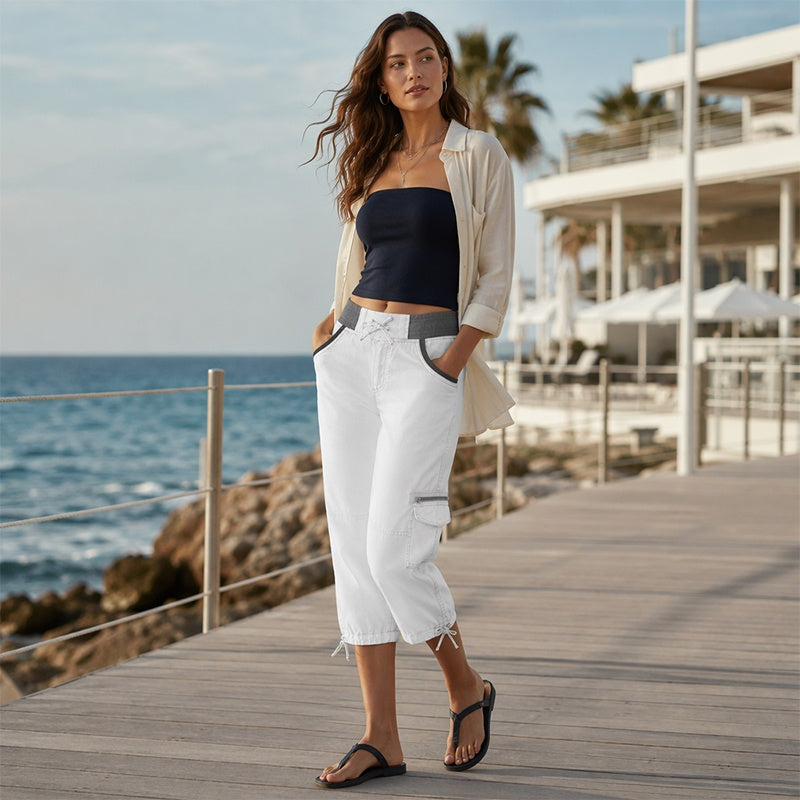 Women's High-Waisted Cargo Capri Trousers