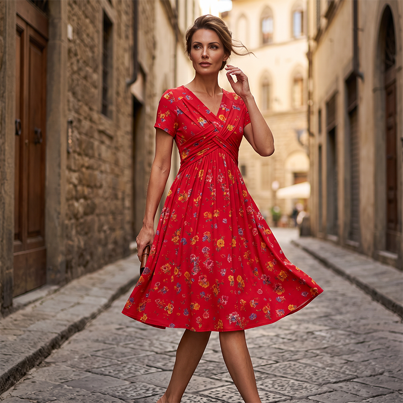 V-Neck Floral Print Dress with Twist Waist