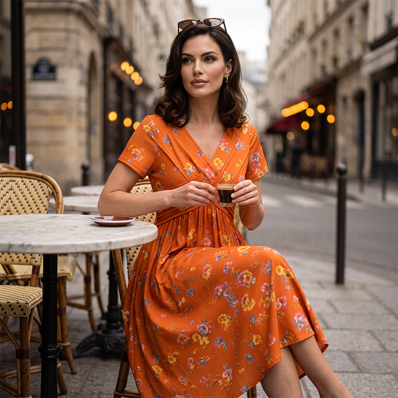 V-Neck Floral Print Dress with Twist Waist