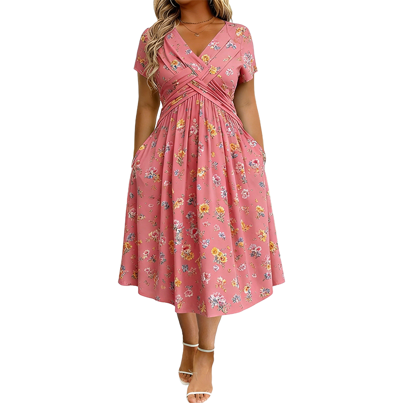 V-Neck Floral Print Dress with Twist Waist