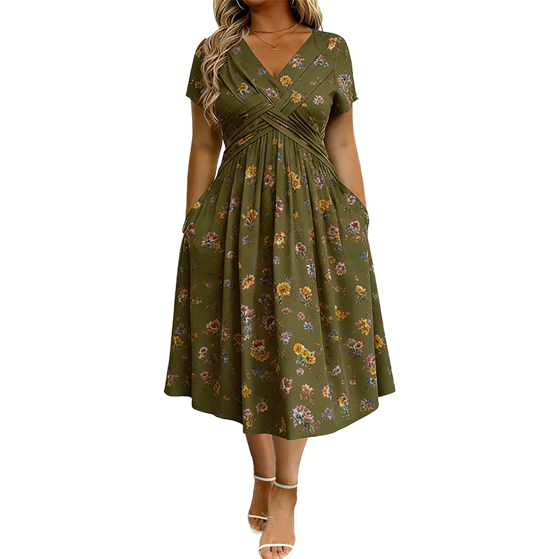 V-Neck Floral Print Dress with Twist Waist