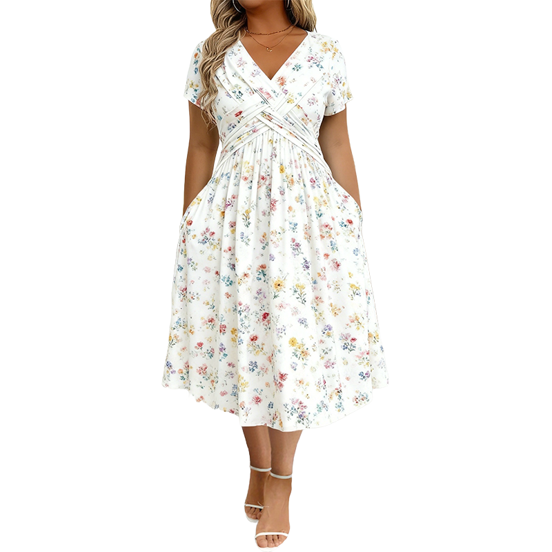 V-Neck Floral Print Dress with Twist Waist