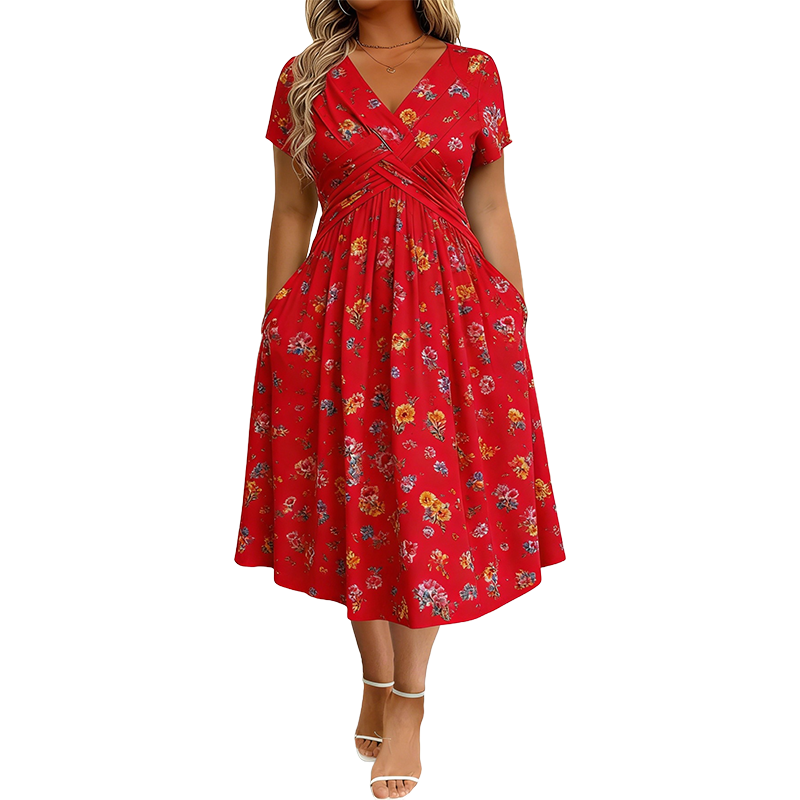 V-Neck Floral Print Dress with Twist Waist