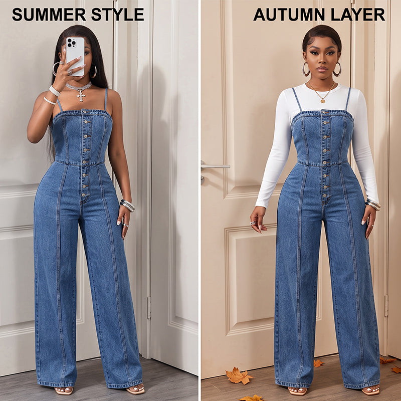 Spaghetti Strap Wide Leg Denim Jumpsuit