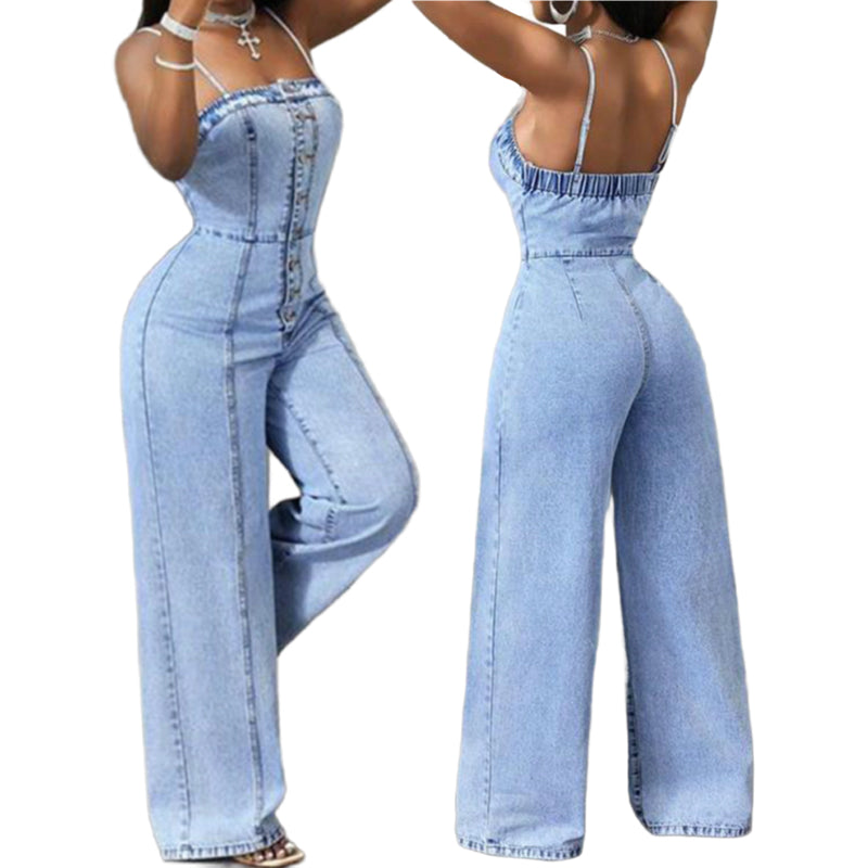 Spaghetti Strap Wide Leg Denim Jumpsuit