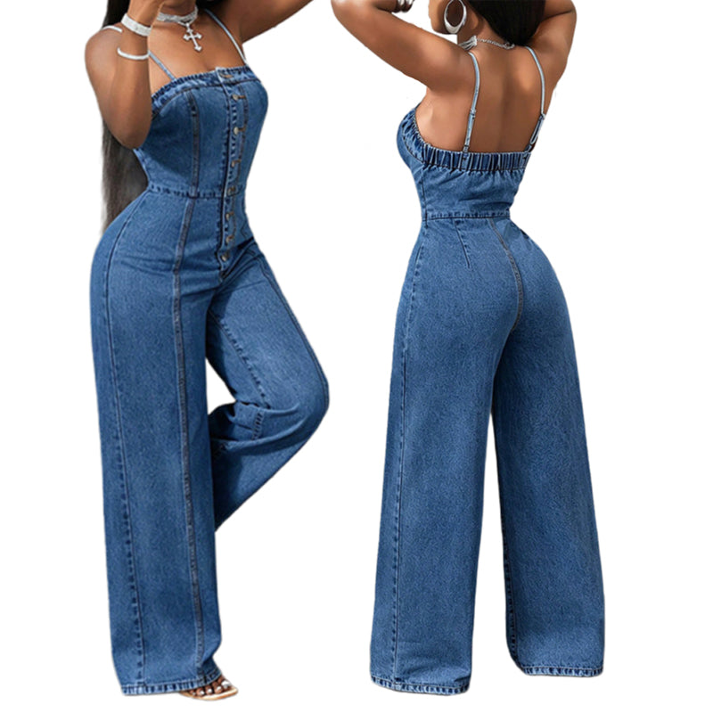 Spaghetti Strap Wide Leg Denim Jumpsuit