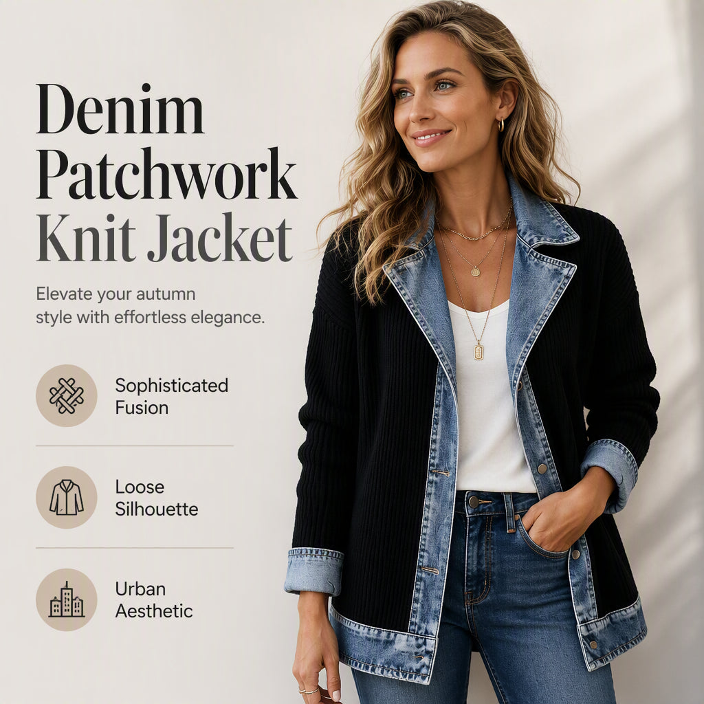 Jane | Elegant Women's Denim Coat with Ribbed Knit Panels