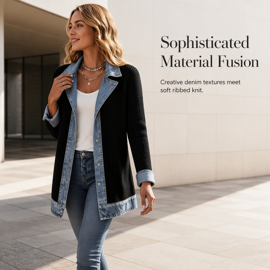 Jane | Elegant Women's Denim Coat with Ribbed Knit Panels