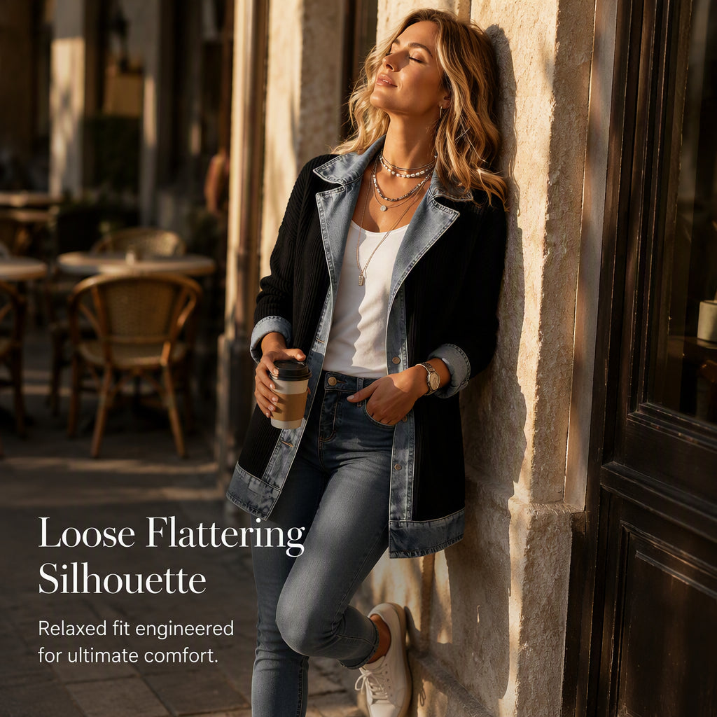 Jane | Elegant Women's Denim Coat with Ribbed Knit Panels