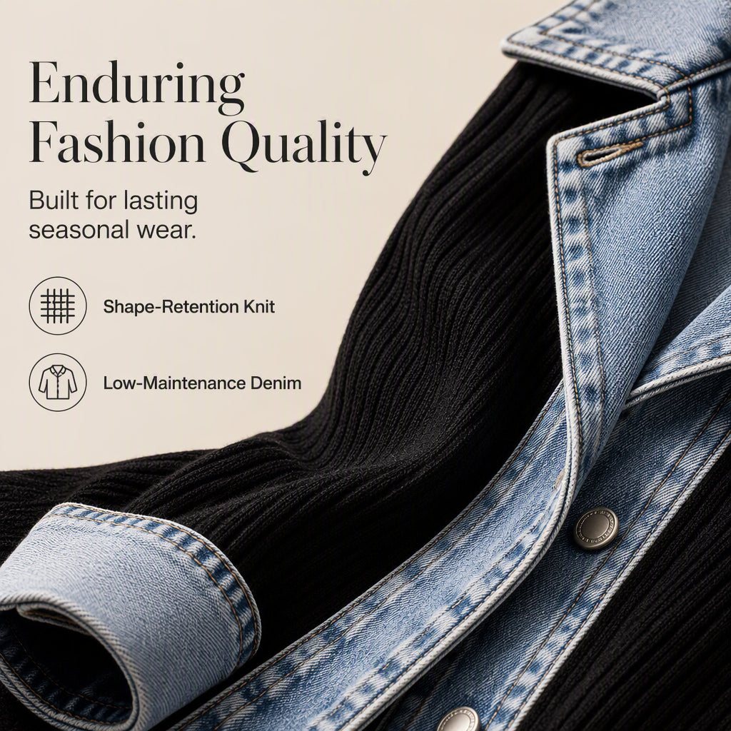 Jane | Elegant Women's Denim Coat with Ribbed Knit Panels