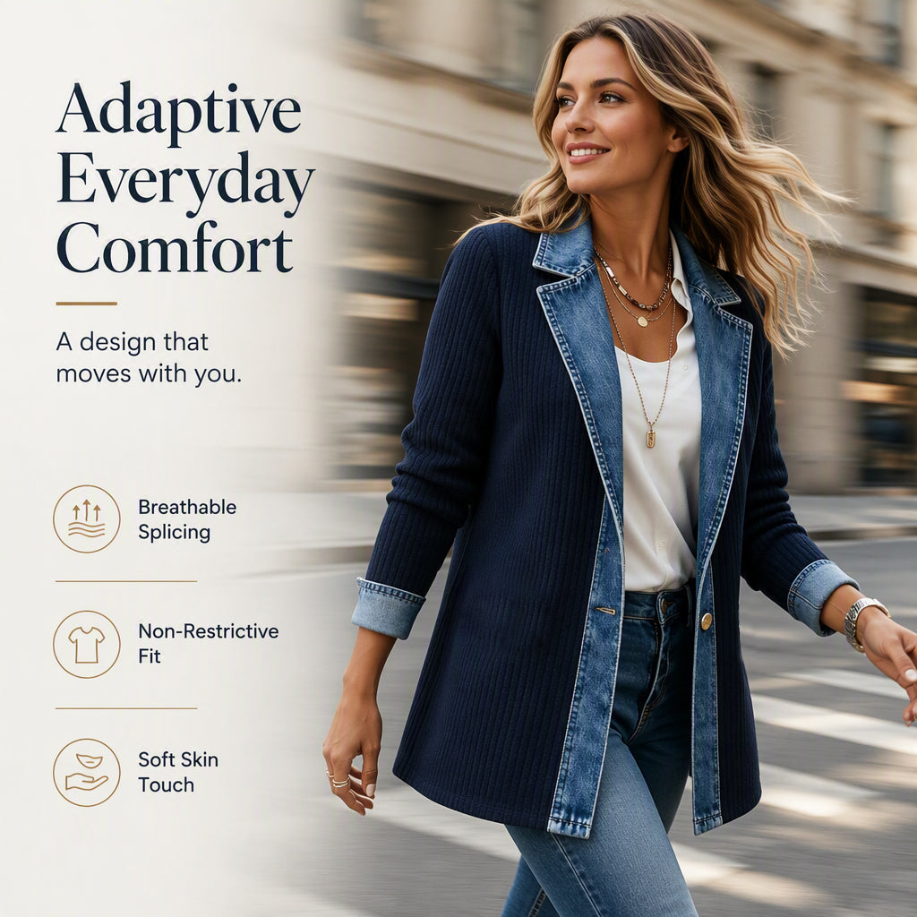 Jane | Elegant Women's Denim Coat with Ribbed Knit Panels