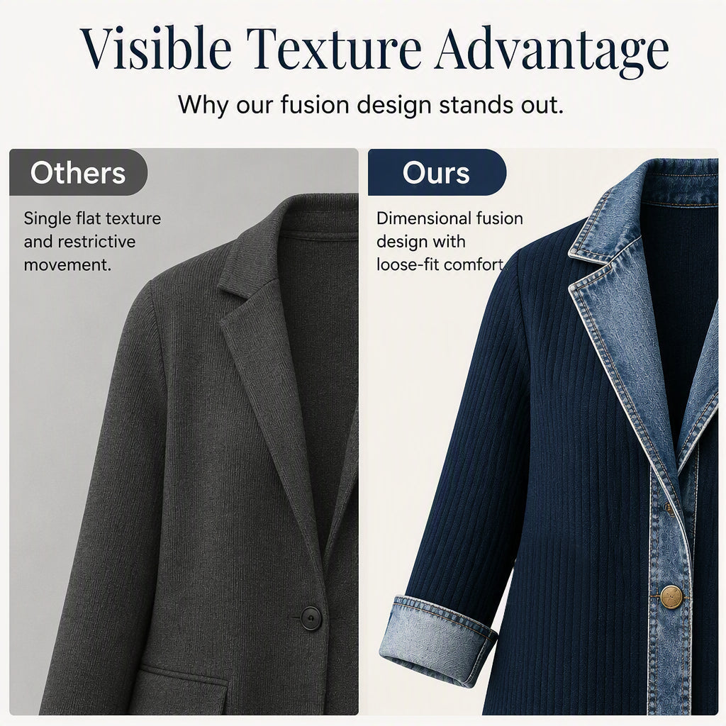 Jane | Elegant Women's Denim Coat with Ribbed Knit Panels