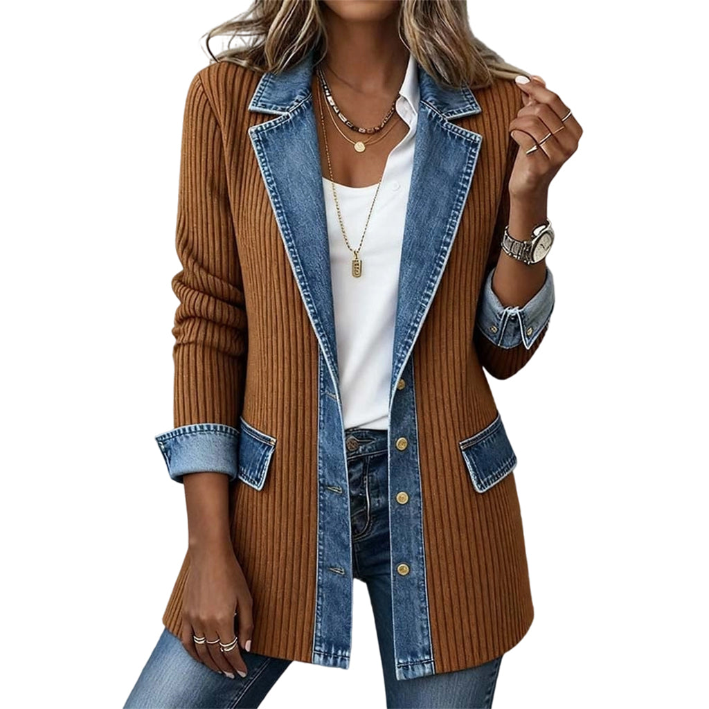 Jane | Elegant Women's Denim Coat with Ribbed Knit Panels