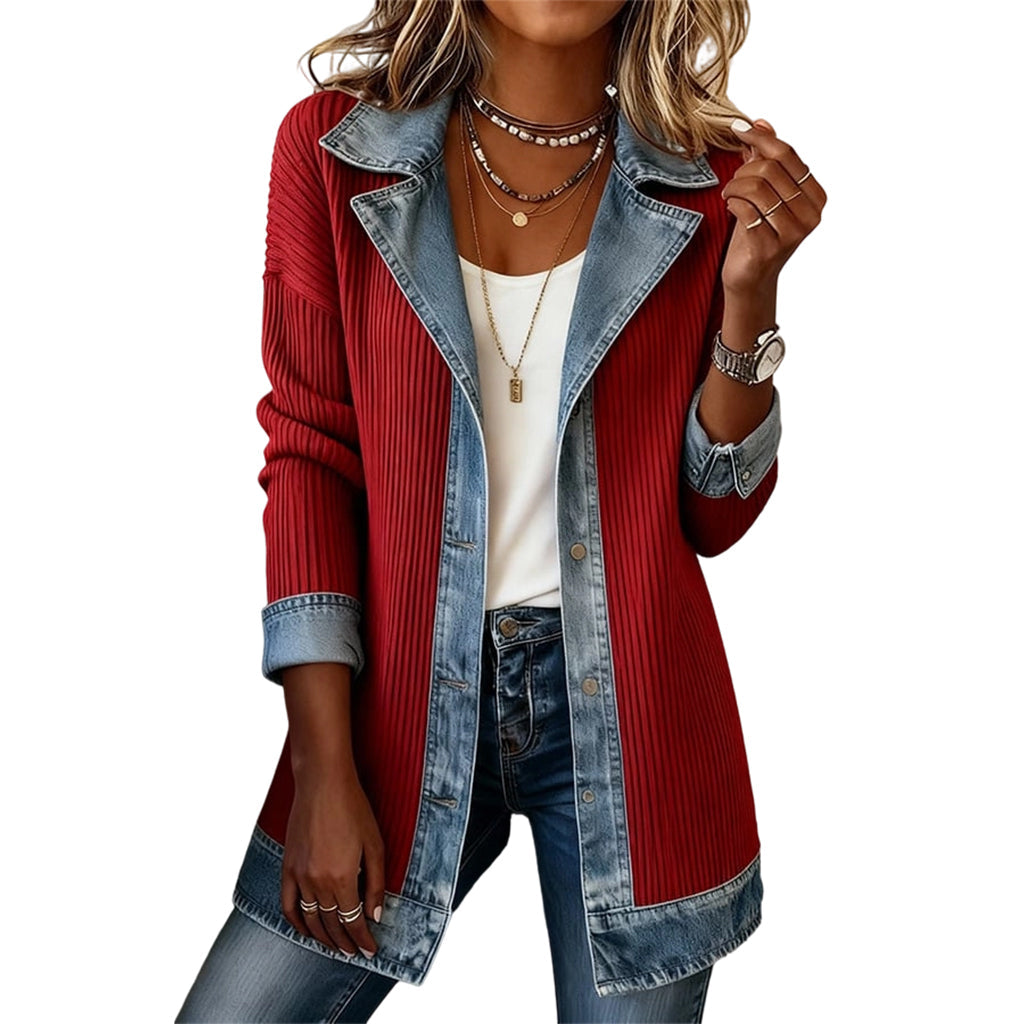 Jane | Elegant Women's Denim Coat with Ribbed Knit Panels