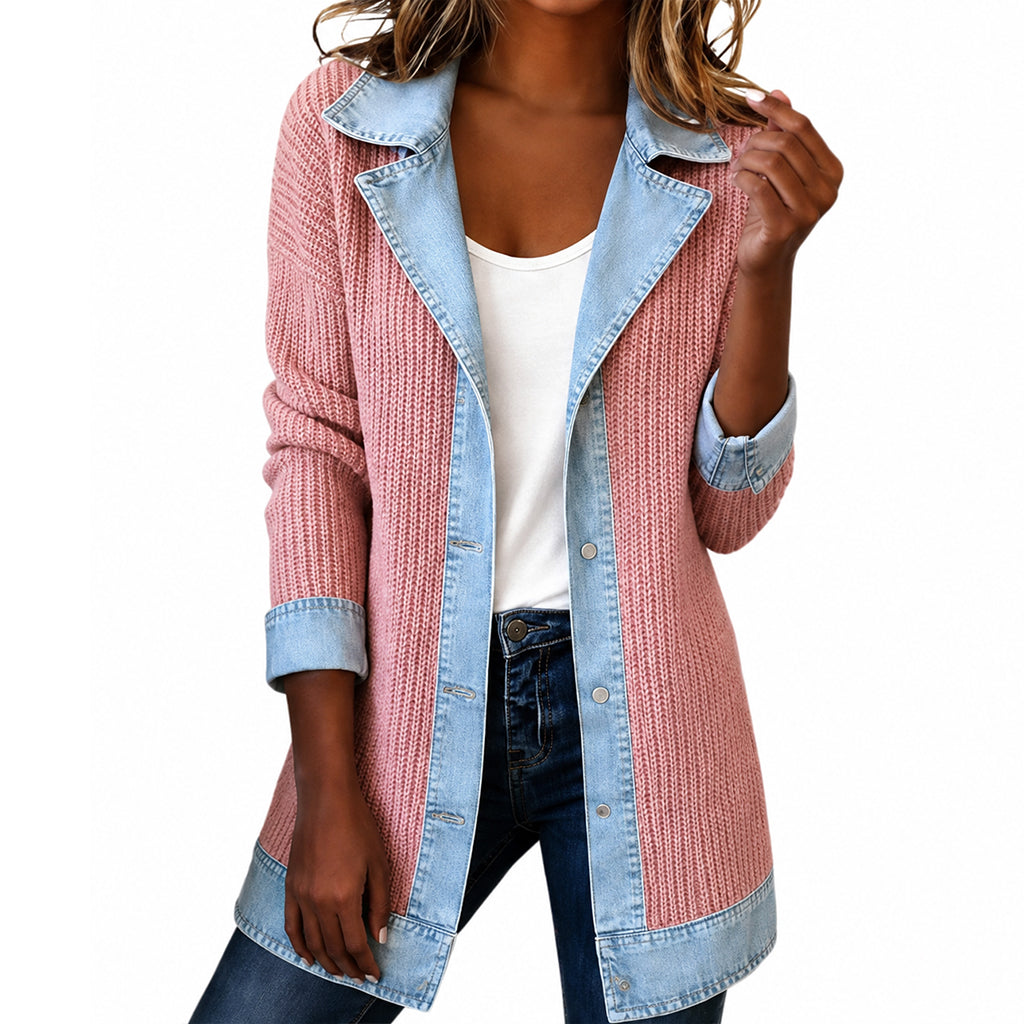 Jane | Elegant Women's Denim Coat with Ribbed Knit Panels