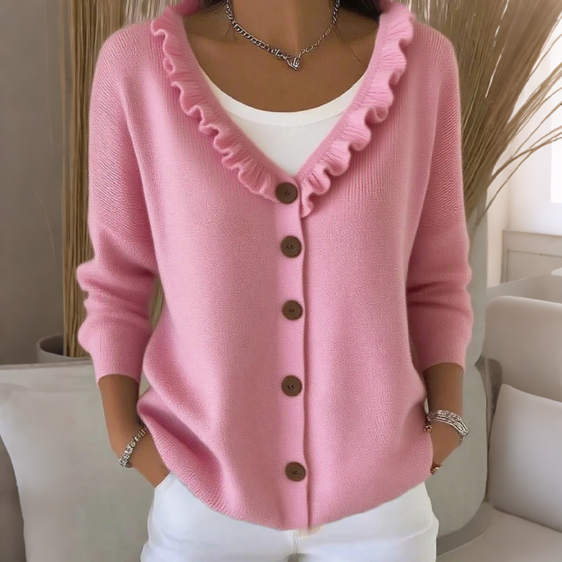Women's Knitted Cardigan with Ruffle Collar