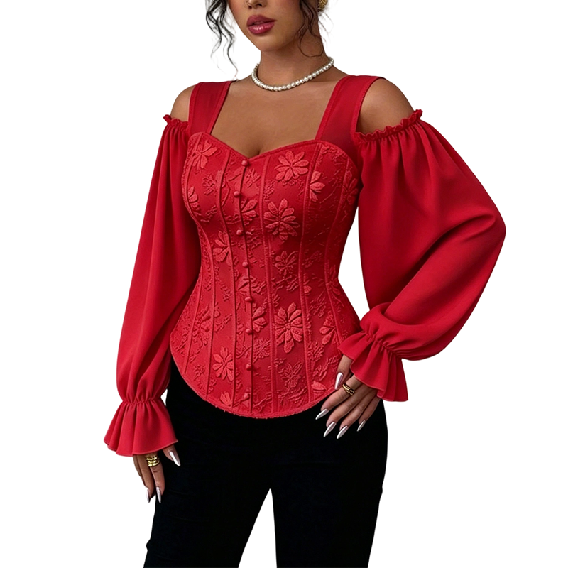 Cold Shoulder Floral Jacquard Top