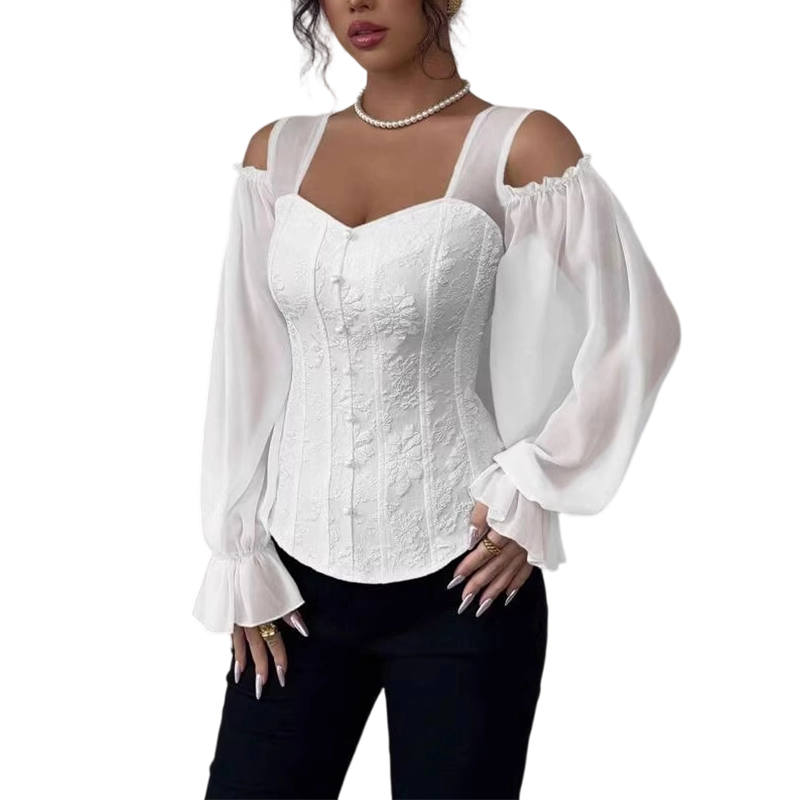 Cold Shoulder Floral Jacquard Top