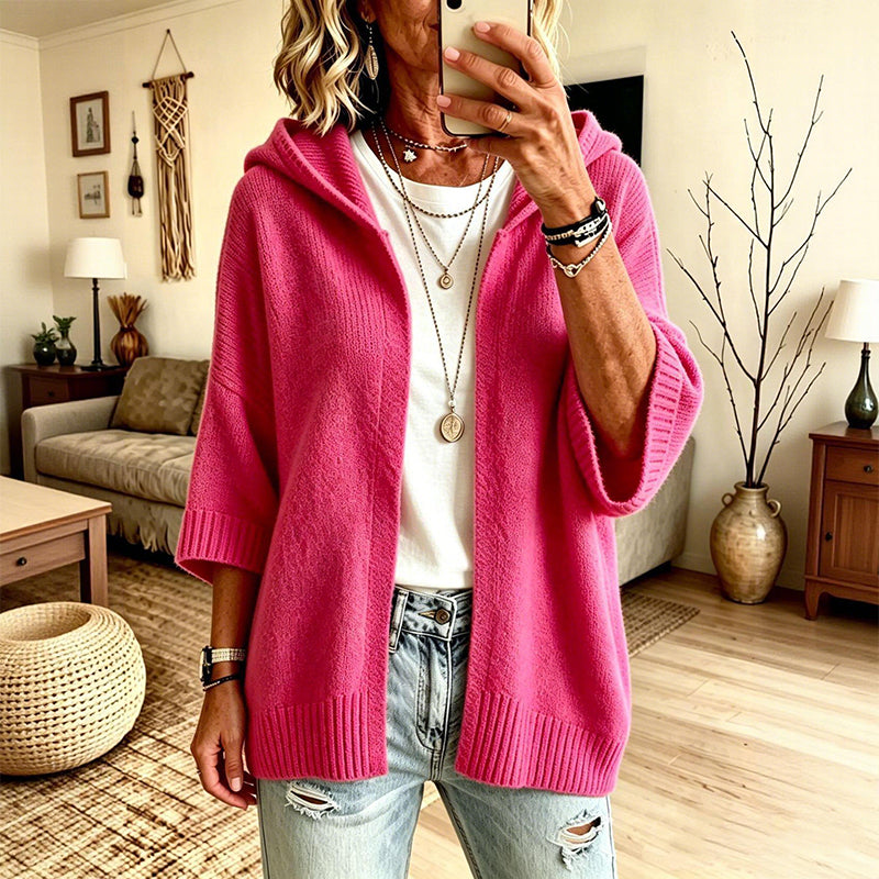 Women's Knitted Hooded Cardigan with Three-Quarter Sleeves