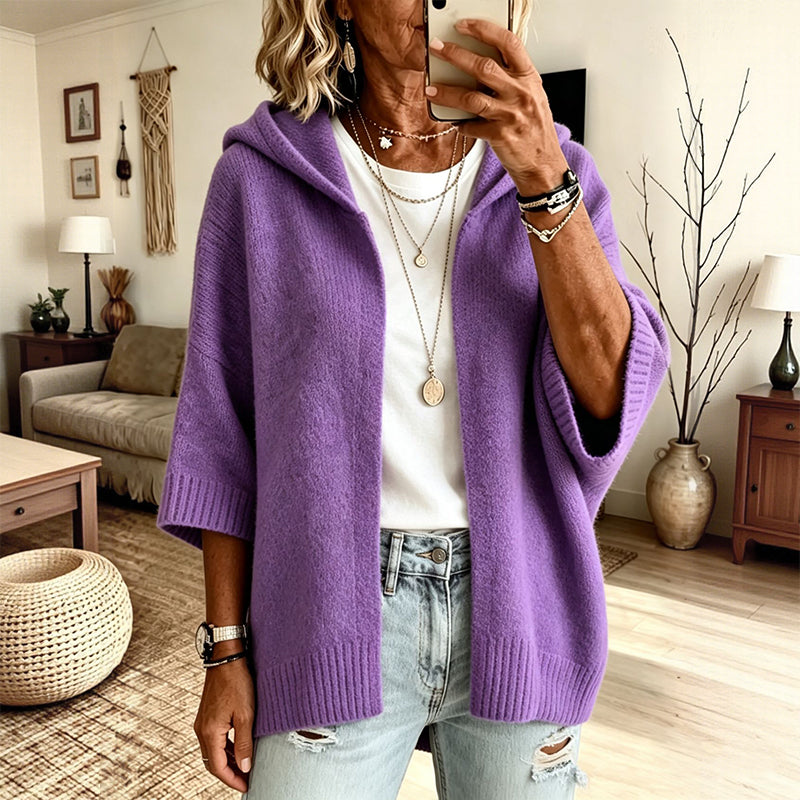 Women's Knitted Hooded Cardigan with Three-Quarter Sleeves
