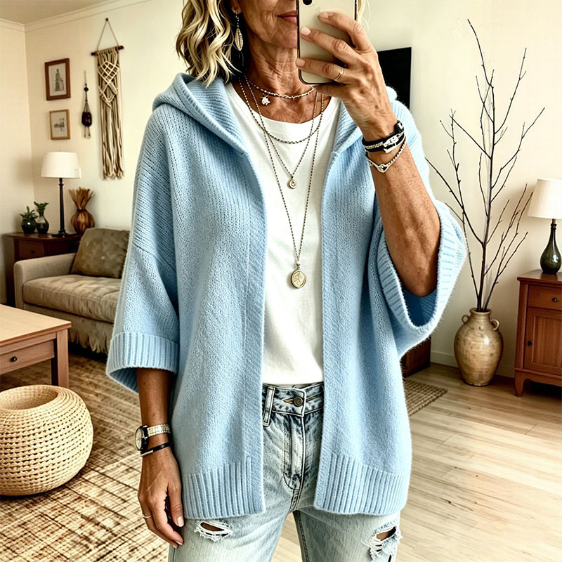 Women's Knitted Hooded Cardigan with Three-Quarter Sleeves