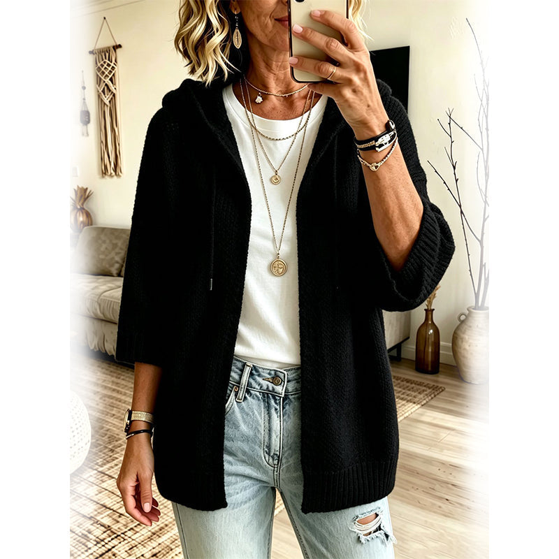 Women's Knitted Hooded Cardigan with Three-Quarter Sleeves