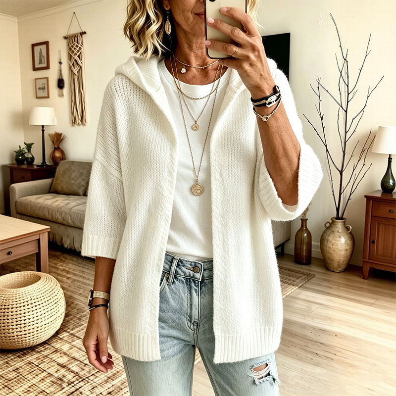 Women's Knitted Hooded Cardigan with Three-Quarter Sleeves