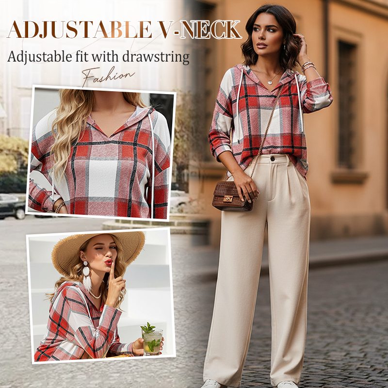 Lynn | Checked Hooded Drawstring V-Neck Top