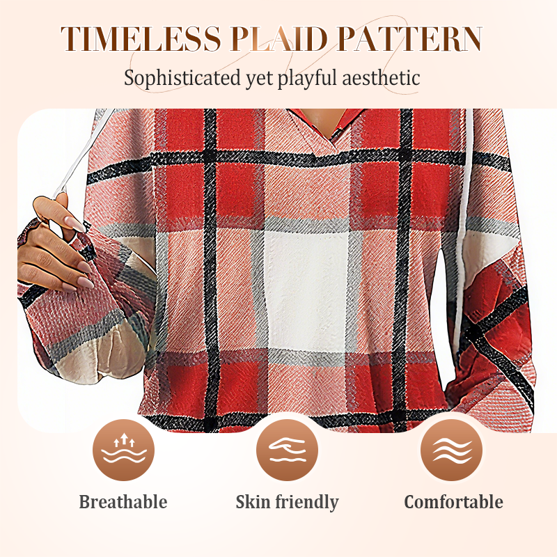 Lynn | Checked Hooded Drawstring V-Neck Top