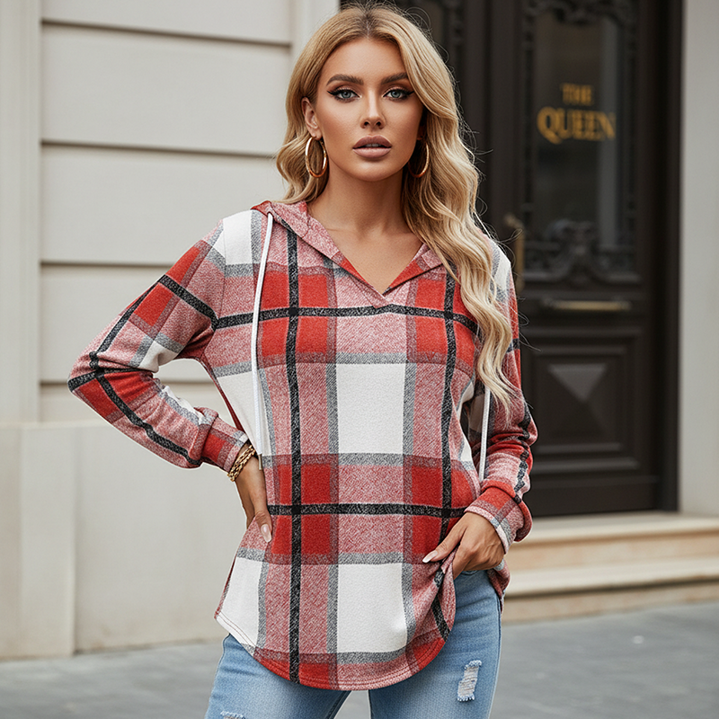 Lynn | Checked Hooded Drawstring V-Neck Top
